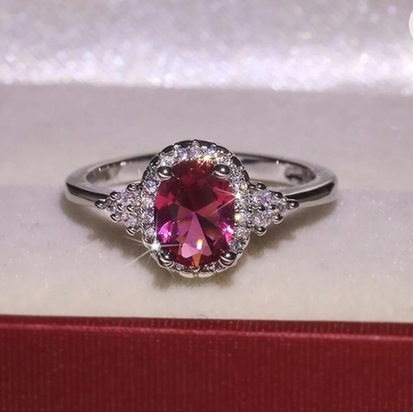 Elegant Oval Simulate Ruby Halo Wedding Ring Gorgeous 925 Silver Engagement Ring - Picture 5 of 7